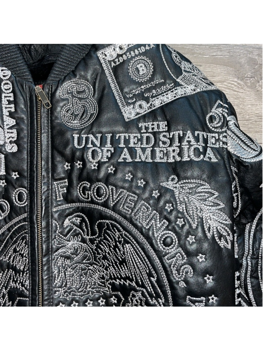 black leather lined bomber jacket embroidered money hiphop street big kids 2XL - Picture 5 of 16